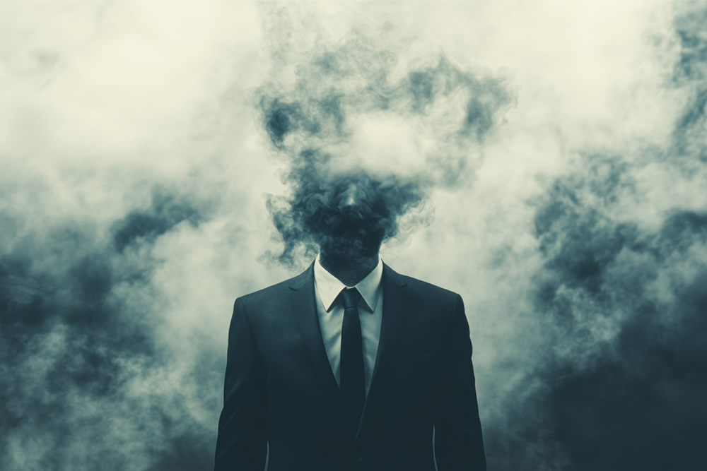 Essence Image Geschäftsmann verloren in einer Wolke von Gedanken