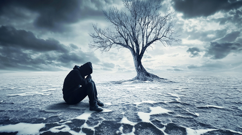 Essence Image Saisonale Depression Konzept eines einsamen Mannes, der in einer kalten Winterlandschaft mit einem kahlen Baum und dunklem bewölkten Himmel sitzt