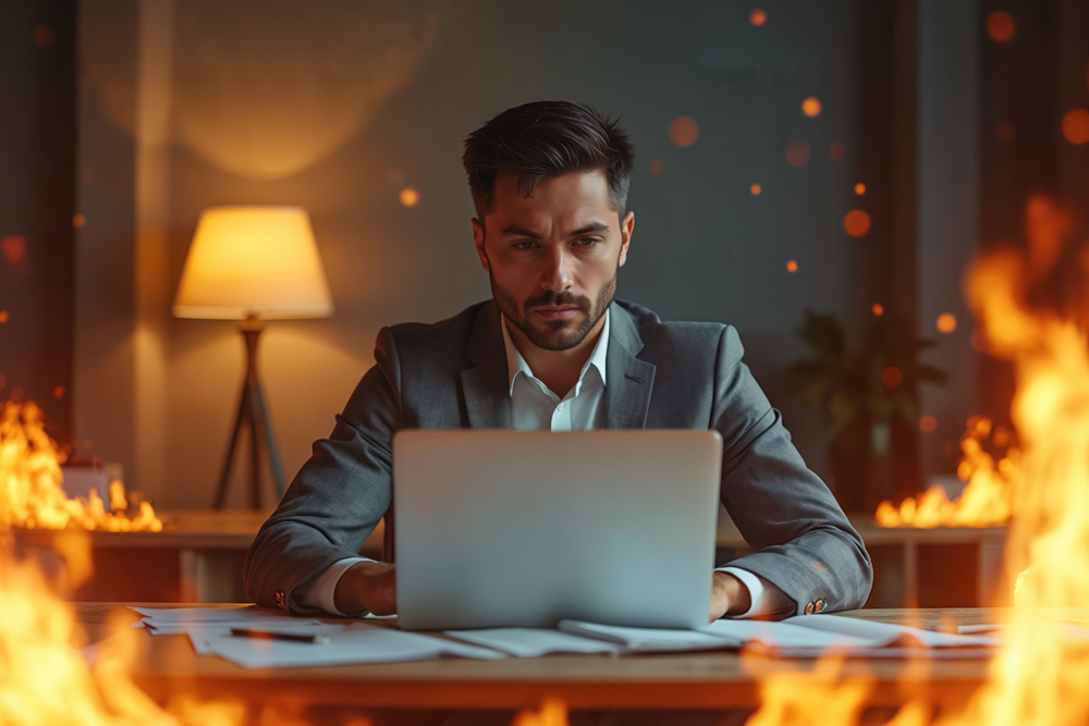 Mann im Anzug arbeitet am Laptop im brennenden Büro. Geschäftsmann bleibt trotz Chaos ruhig und arbeitet entschlossen weiter.